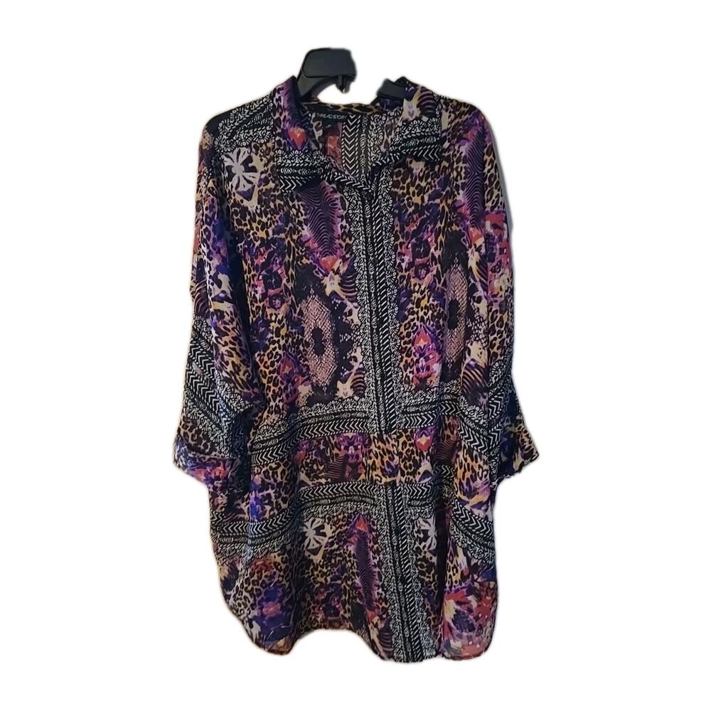 Thread Story Purple Black Mixed Print Long Sleeve Shirt Dress Womans Size‎ 2X